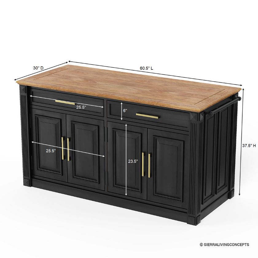 Waukon Solid Wood Classic Black Kitchen Island with Storage Dimension Image
