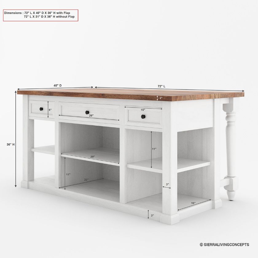 Rhinebeck Rustic Farmhouse Kitchen Island with Seating and Storage Dimension Image