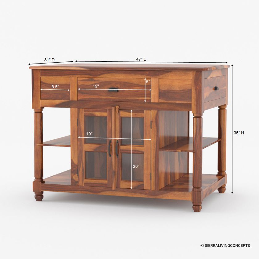 Lincoln Solid Wood Small Kitchen Island Table with open shelves Dimension Image