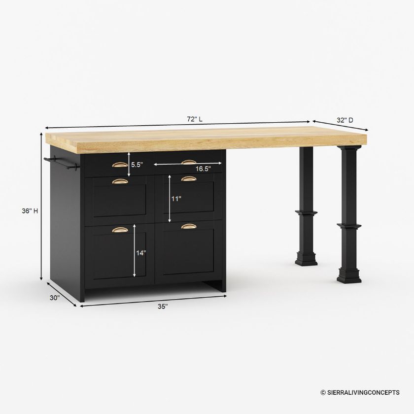 Prebbleton Solid Wood Two Tone black Kitchen Island with Storage Dimension Image