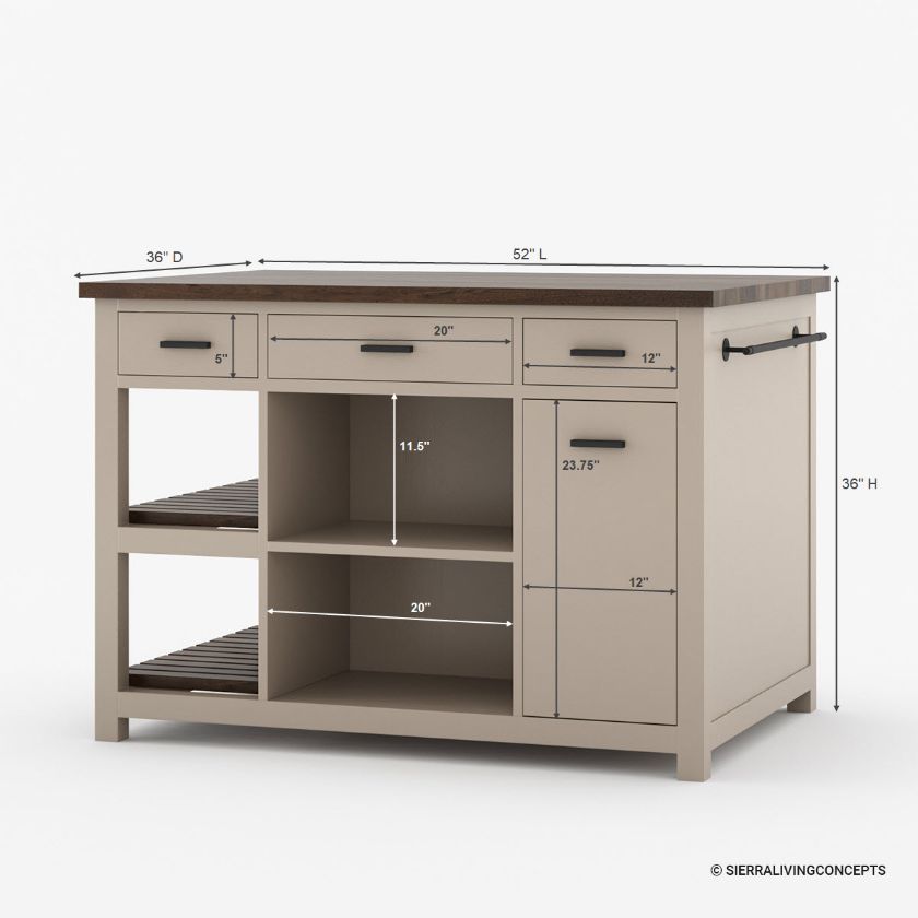 Gatlinburg Solid Wood Modern Small Kitchen Island with Storage Dimension Image