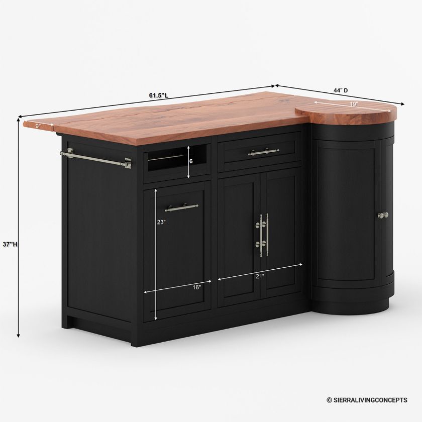 Saybrook Drop Leaf Black Kitchen Island with Butcher Block Top Dimension Image