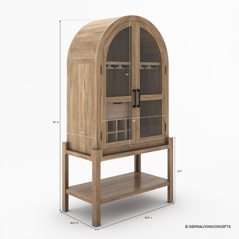 Ocala Rustic Tall Arched Bar Cabinet with Glass Doors Dimension Image