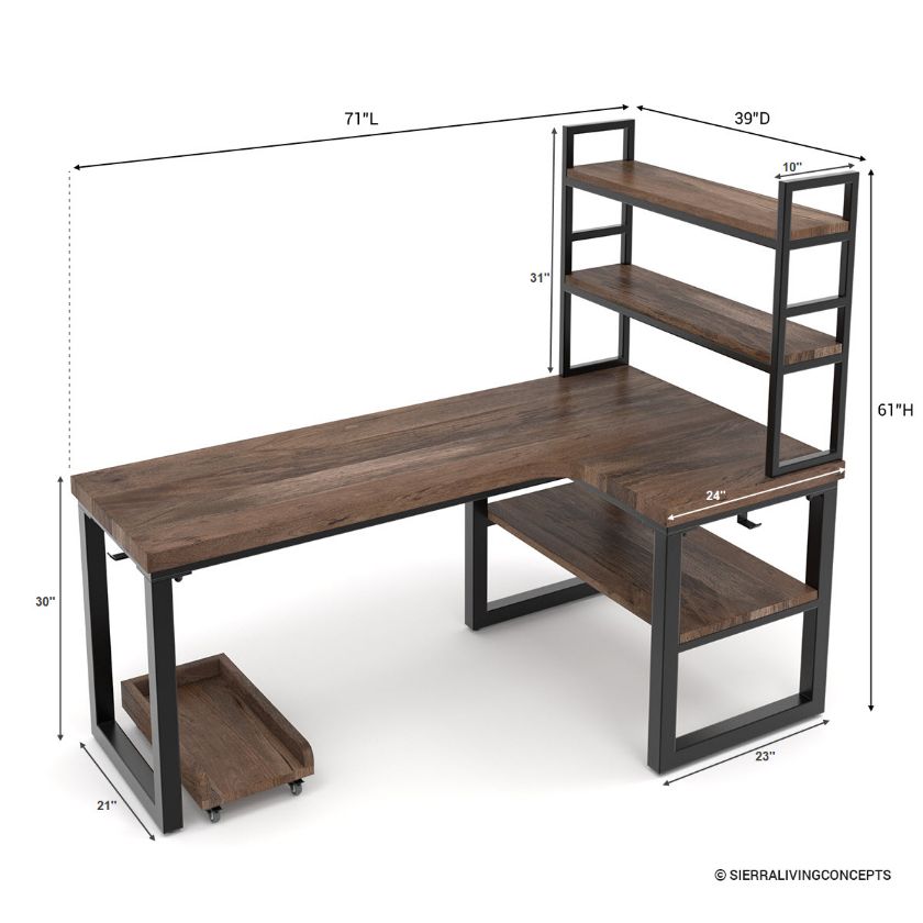 Kissimmee Solid Wood Corner Desk with Bookcase Dimension Image