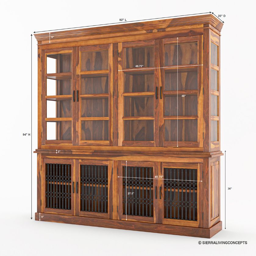 San Francisco Solid Wood China Cabinet Dining Room Hutch with Iron Grill Door Dimension Image