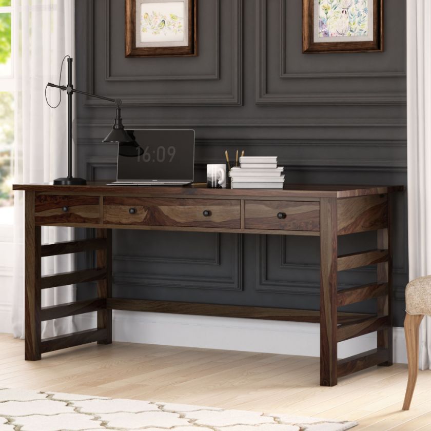Everglades Rustic Solid Executive Writing Desk with Small Hutch Size Image