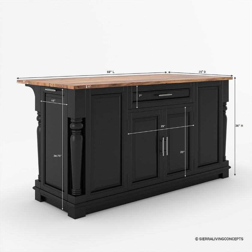 Lublin Solid Wood Farmhouse Black Kitchen Island With Drop Leaf Dimension Image