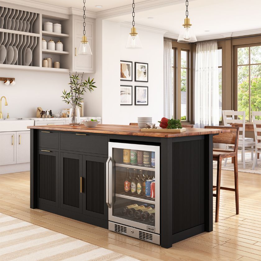 Picture of Bryan Fluted Farmhouse Black Kitchen Island with Mini Fridge Space