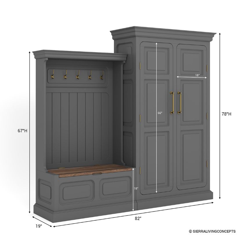 Nokomis Modern Grey Entryway Hall Tree with Coat Rack & Storage Bench Dimension Image