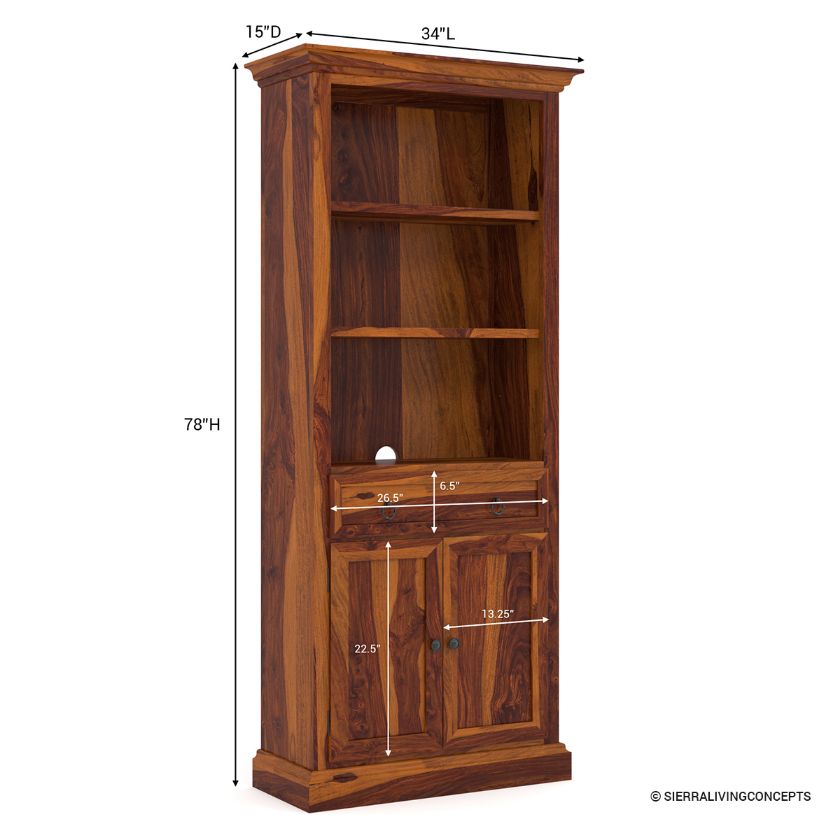 Lithia Tall Solid Wood Bookcase with Door Dimension Image