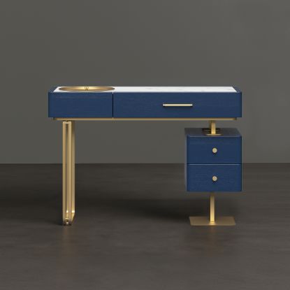 Picture of Wildomar Solid Wood Marble Top Blue Makeup Vanity with Drawers