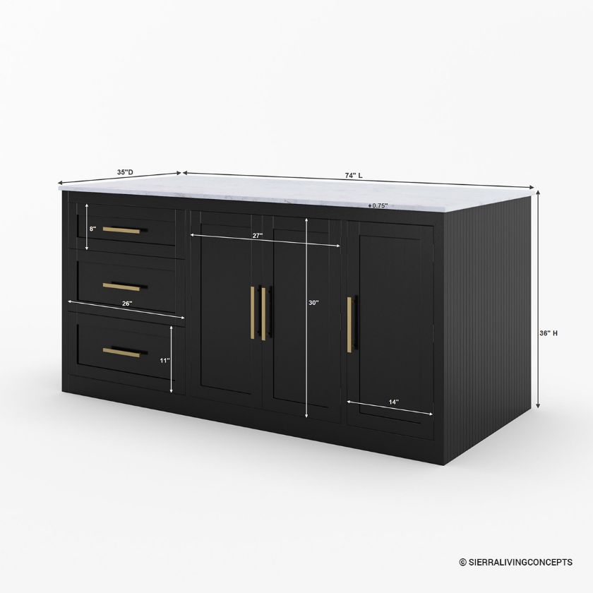 Hilversum Modern Solid Wood Marble Top Kitchen Island With Seating for 4 Size Image