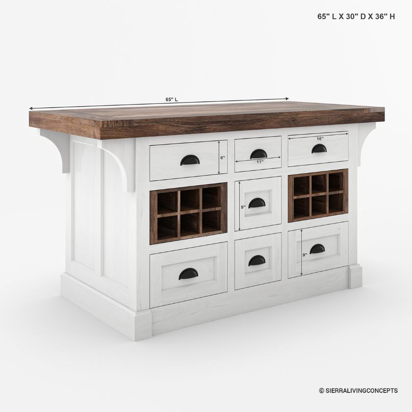Villeneuve Solid Wood 2 Tone 7 Drawer Kitchen Island with storage Size Image