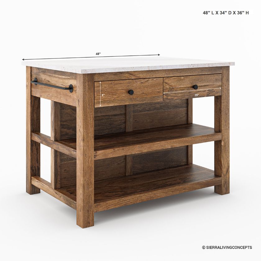 Visalia Modern Rustic Marble Top Kitchen Island with Open Shelves Storage Size Image