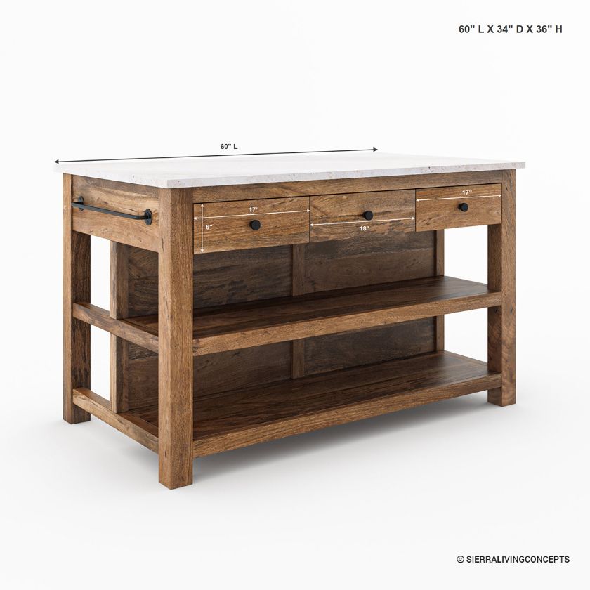 Visalia Modern Rustic Marble Top Kitchen Island with Open Shelves Storage Size Image