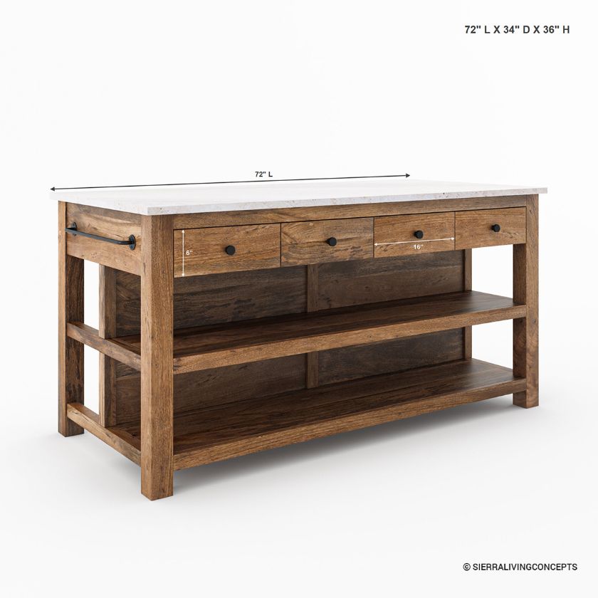 Visalia Modern Rustic Marble Top Kitchen Island with Open Shelves Storage Size Image