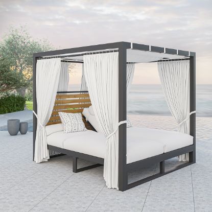 Picture of Madera Metal & Teak Black Outdoor Daybed Double Chaise Lounge with Canopy 