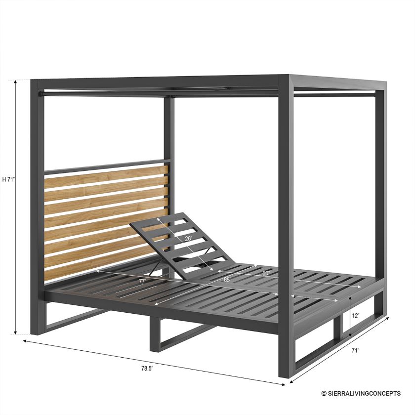 Madera Metal & Teak Black Outdoor Daybed Double Chaise Lounge with Canopy  Dimension Image