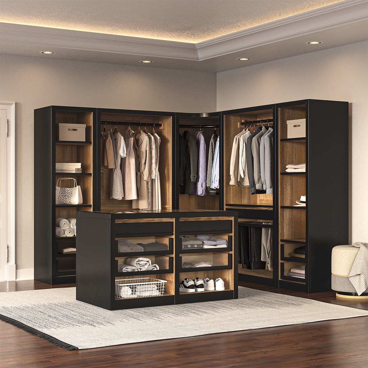 Perfume Closet　Sheer Gathered Top /Black Sunol Glass Top Closet Island with Jewelry Drawers