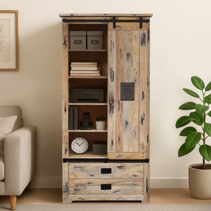 Picture of Lorne Distressed Barn Door Bookcase with Drawers on Bottom