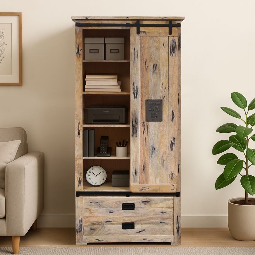 Picture of Lorne Distressed Barn Door Bookcase with Drawers on Bottom