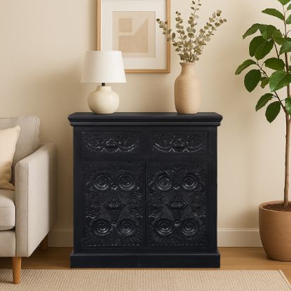 Picture of Lunenburg Carved Black Storage Cabinet with Doors & Drawers