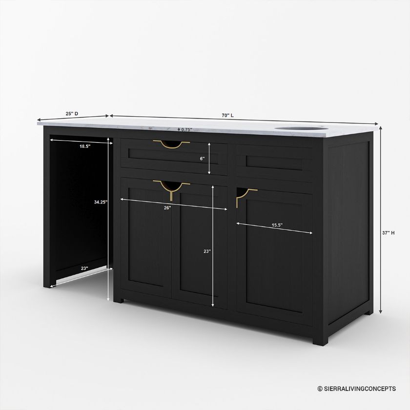 Calgary Black Wet Bar Cabinet with Sink and Fridge Space Dimension Image