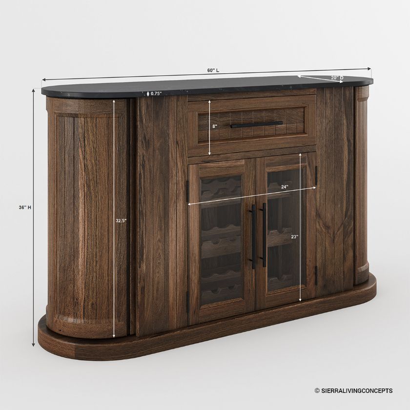 Blair Marble Top Curved Modern Bar Cabinet with Glass Doors Dimension Image