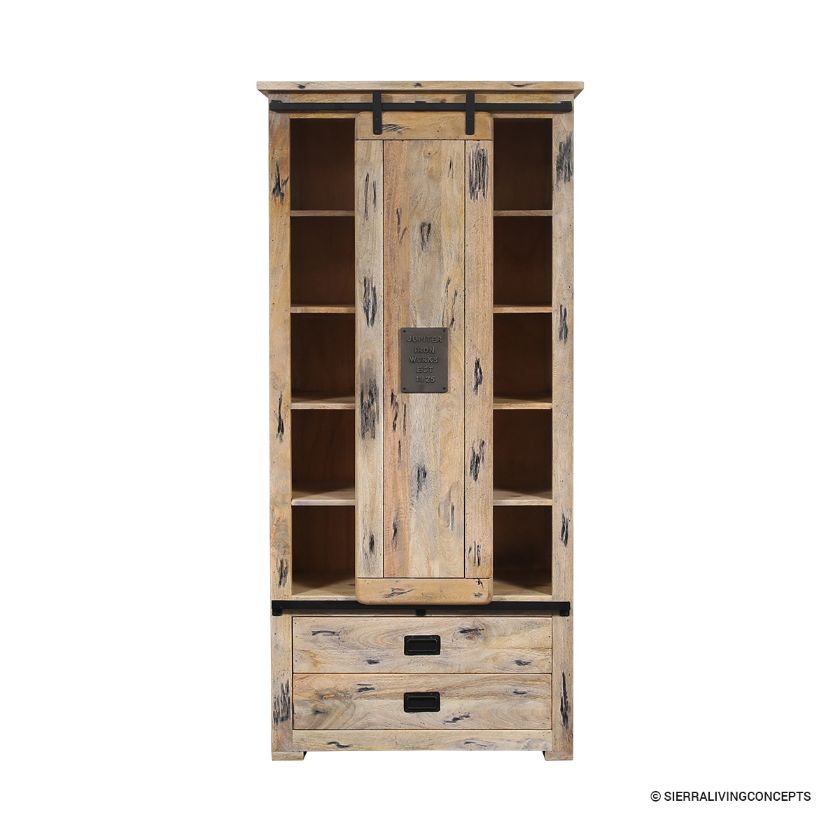 Lorne Distressed Barn Door Bookcase with Drawers on Bottom Dimension Image