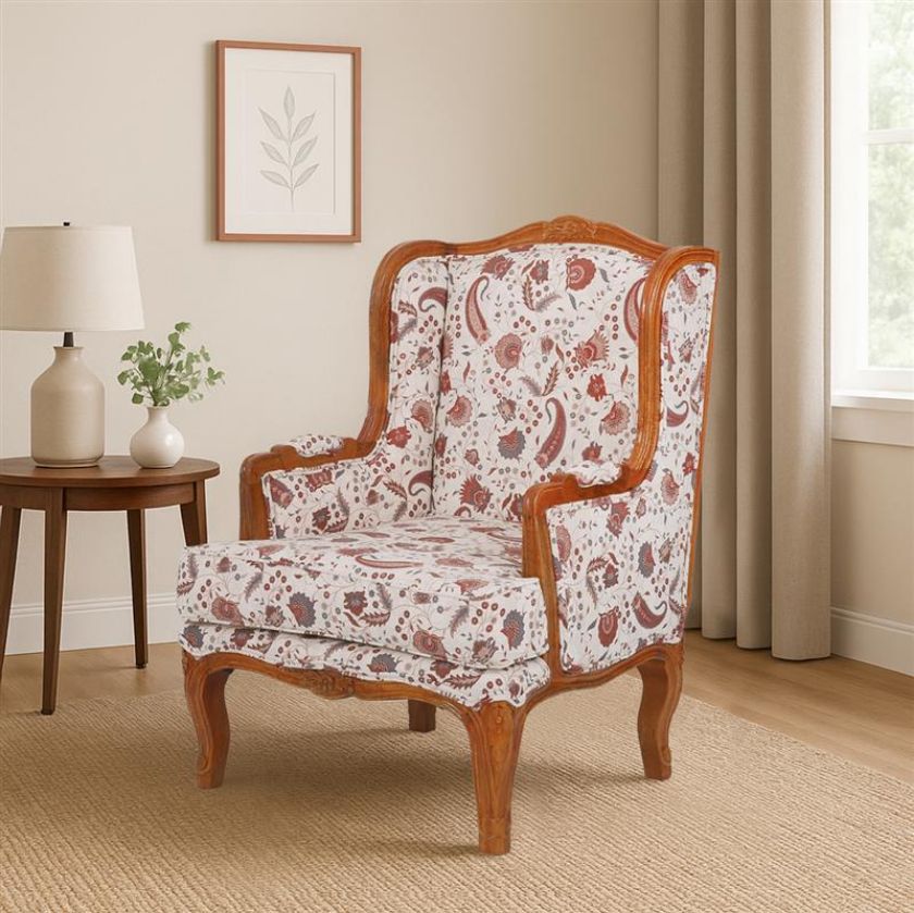 Picture of Japantown Floral Upholstered Wingback Solid Wood Accent Chair with Armrest