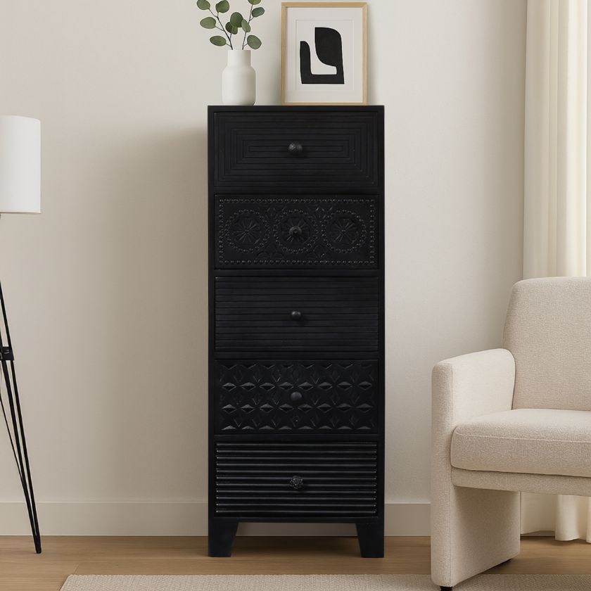 Picture of Edmonton Black 5 Drawer Solid Wood Tallboy Dresser 