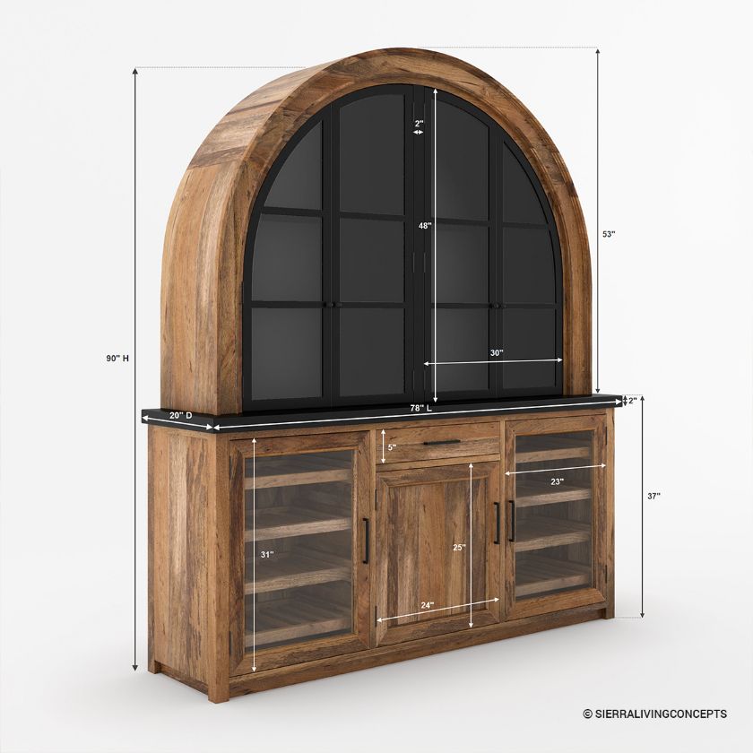 Marfa Two Tone Arched Bar Cabinet with Glass Doors Size Image