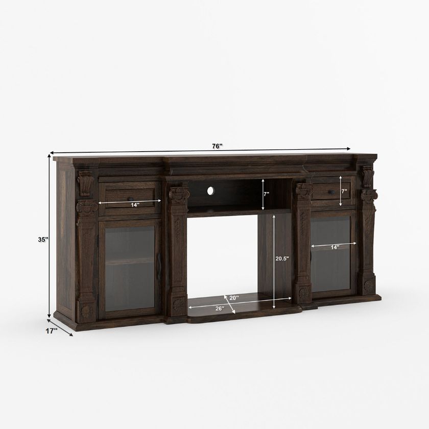 Tofino Carved Solid Wood Glass Door Media Console with Electric Fireplace Space (76