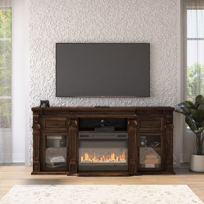 Tofino Carved Solid Wood Glass Door Media Console with Electric Fireplace Space (76")