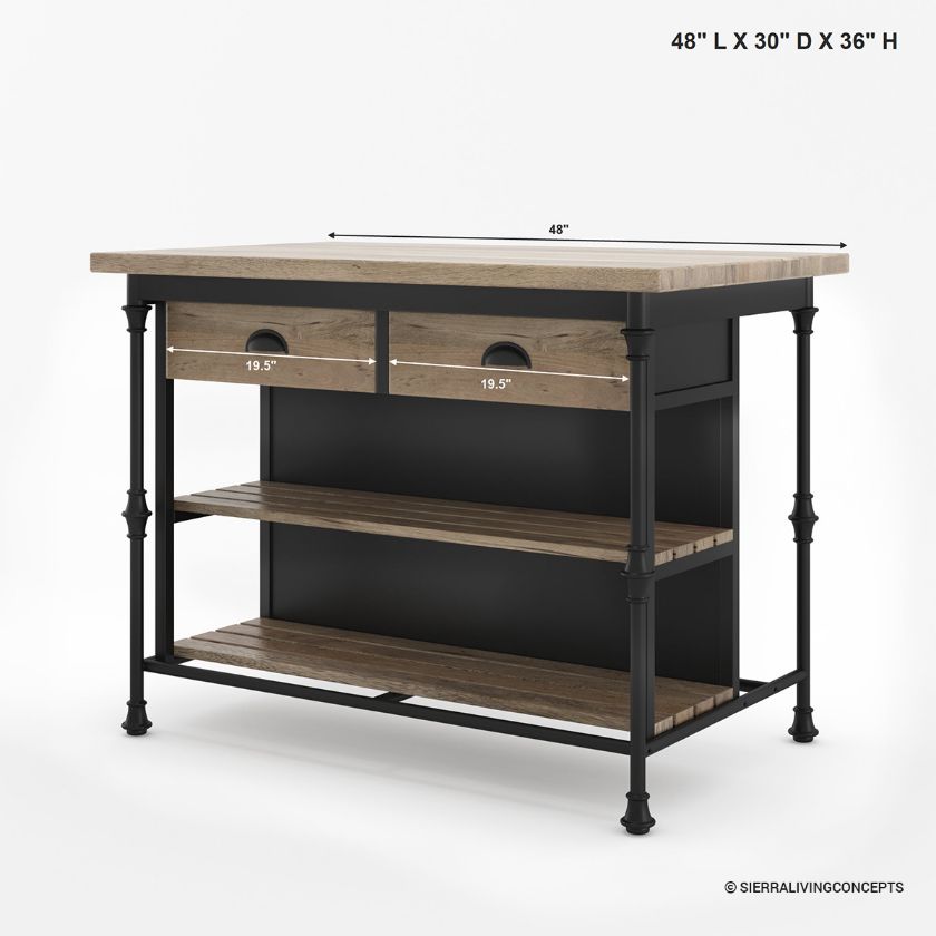 Meredith Solid Wood Industrial Kitchen Island with Storage Size Image