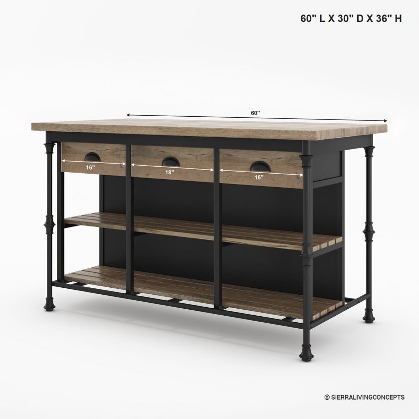 Meredith Solid Wood Industrial Kitchen Island with Storage Size Image