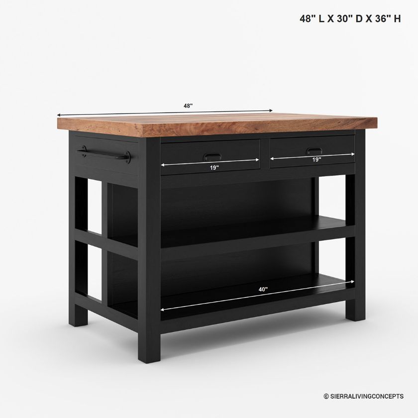 Frigiliana Rustic Modern Black Kitchen Island with Open Shelves Size Image