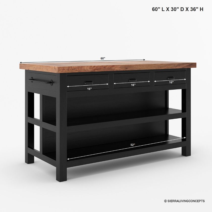 Frigiliana Rustic Modern Black Kitchen Island with Open Shelves Size Image