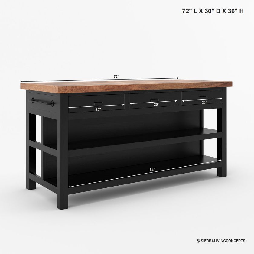 Frigiliana Rustic Modern Black Kitchen Island with Open Shelves Size Image