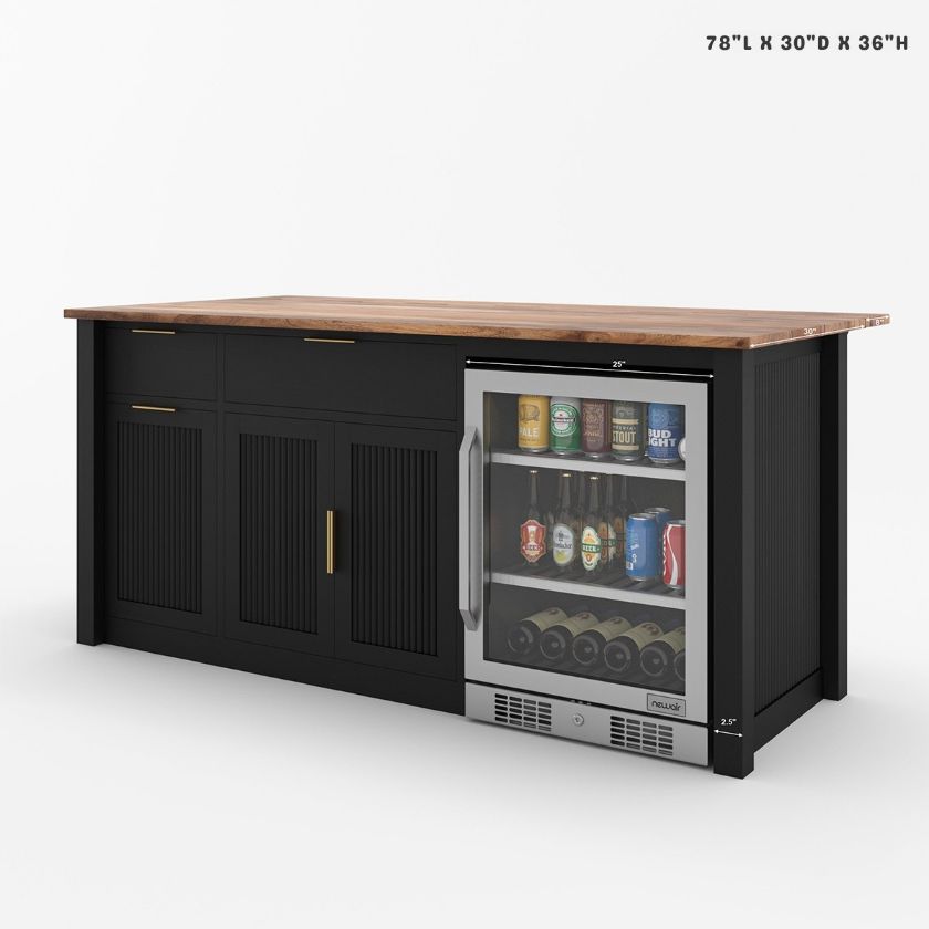 Bryan Fluted Farmhouse Black Kitchen Island with Mini Fridge Space Size Image