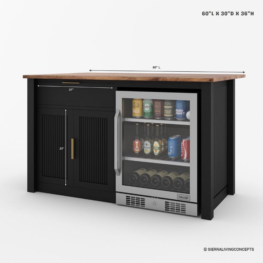 Bryan Fluted Farmhouse Black Kitchen Island with Mini Fridge Space Size Image