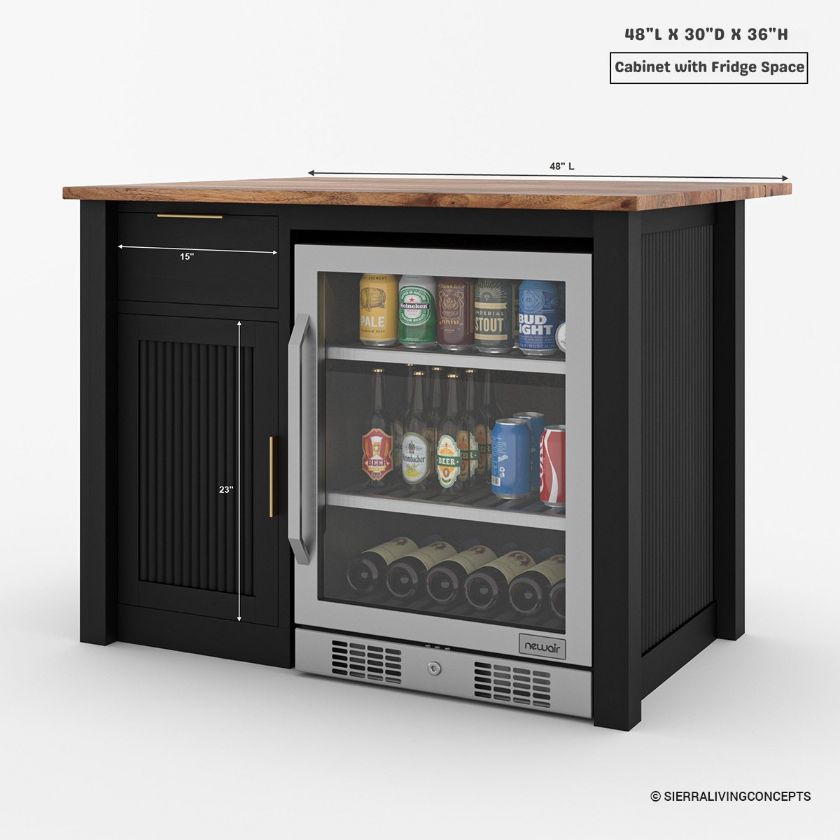 Bryan Fluted Farmhouse Black Kitchen Island with Mini Fridge Space Size Image