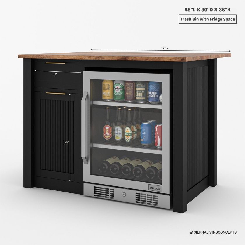 Bryan Fluted Farmhouse Black Kitchen Island with Mini Fridge Space Size Image