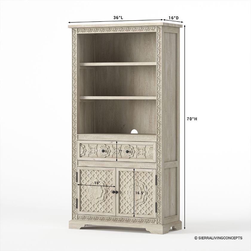 Nuala Hand Carved Solid Wood Bookcase with Door Dimension Image