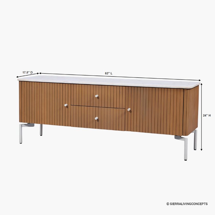 Quesnel Mid Century Modern Slatted TV Media Console with Marble Top (63