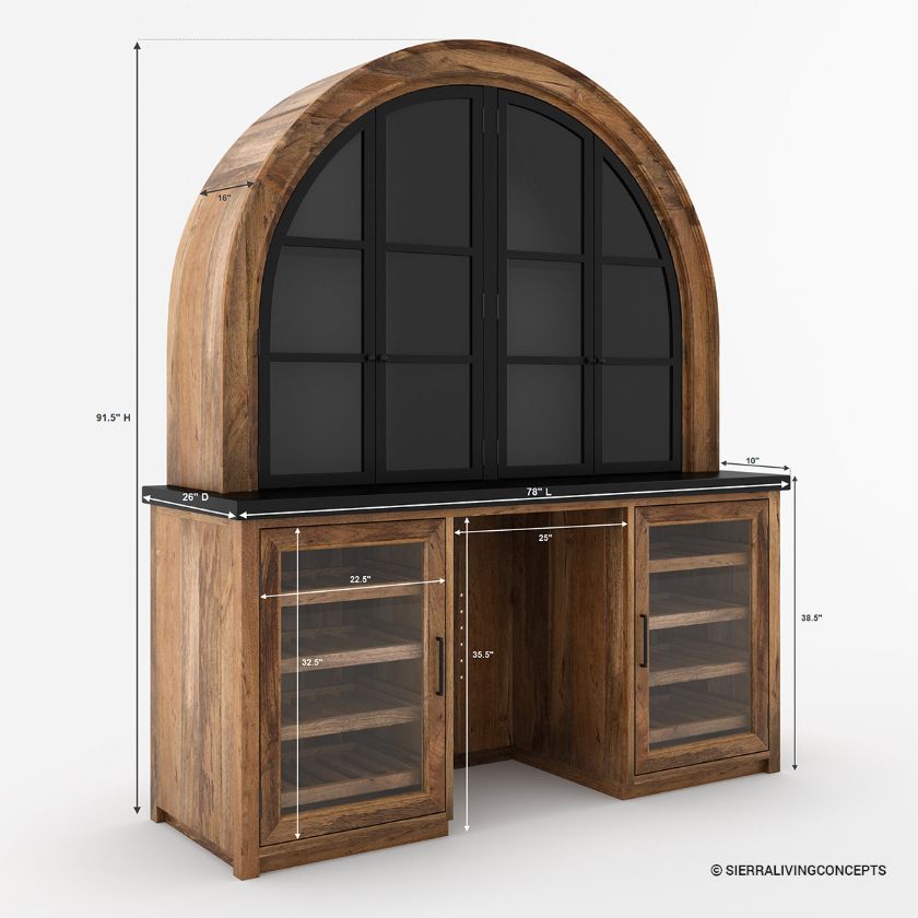 Marfa Two Tone Arched Bar Cabinet with Glass Doors Size Image