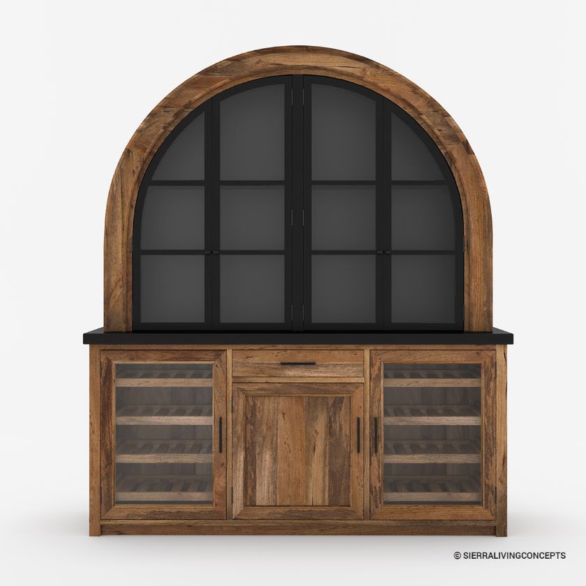 Marfa Two Tone Arched Bar Cabinet with Glass Doors Size Image
