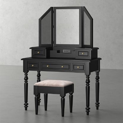 Picture of Ladysmith Black Mirrored Makeup Vanity Desk with Stool