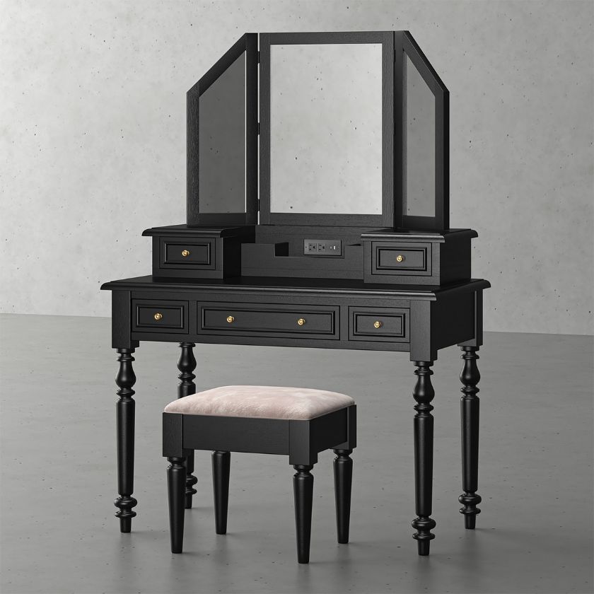 Picture of Ladysmith Black Mirrored Makeup Vanity Desk with Stool