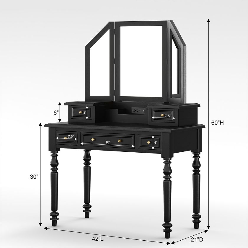 Ladysmith Black Mirrored Makeup Vanity Desk with Stool Dimension Image